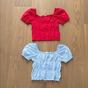 Bundle of 2 GAP Girls Ruched Puff Sleeve Tops. Blue & Red. NWT. Size 10. Large.